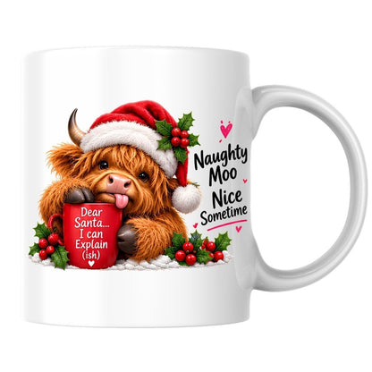 Festive Mug "Naughty Moo Nice Sometimes" Highland Cow 325ml Ceramic Coffee Mug Christmas Holiday Tea Cup with Santa Hat, Holly & Dear Santa Mug Gift | Available in Multicolours | Fast Dispatch by UK Seller (M1282)