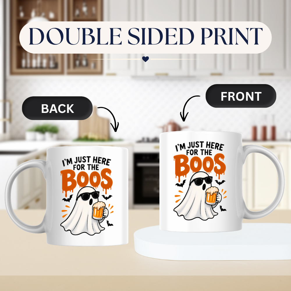 Halloween Mug "I'M JUST HERE For The Boos" Cool Ghost 325ml Ceramic Coffee Mug – Funny Drinking Ghost Tea Cup with Sunglasses & Beer Glass Graphic Gift | Available in Multicolours | Fast Dispatch by UK Seller (M3074)