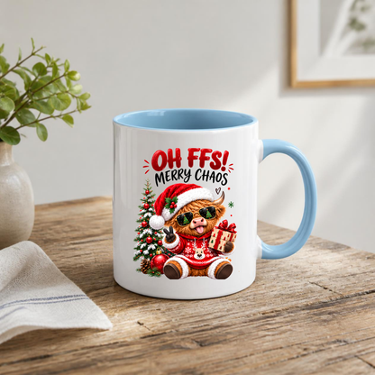 Christmas Highland Cow Mug "Oh FFS! Merry Chaos" Oh FFS! Merry Chaos 325ml Ceramic Coffee Mug – Cute Highland Cow with Santa Hat, Sunglasses, Christmas Sweater & Gift Box | Funny Holiday Gift | Fast Dispatch by UK Seller (M3366)