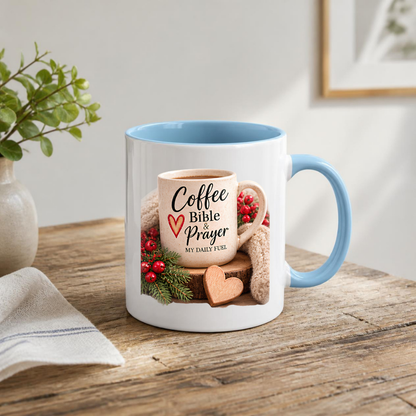 Christian Mug "Coffee Bible & Prayer My Daily Fuel" 325ml Ceramic Coffee Mug – Christian Devotional Mug With Wooden Heart Winter Pine Red Berries Inspirational Gift | Available in Multicolours | Fast Dispatch by UK Seller (M3304)
