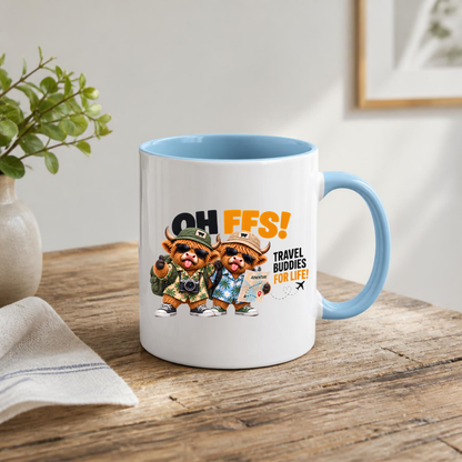 Travel Buddies Highland Cows Mug "Oh Ffs! Travel Buddies For Life!" Oh Ffs! Travel Buddies For Life! 325ml Ceramic Coffee Mug – Cute Highland Cows with Shirts, Backpacks, Camera & Adventure Map | Funny Travel Gift | Fast Dispatch by UK Seller (M3374)