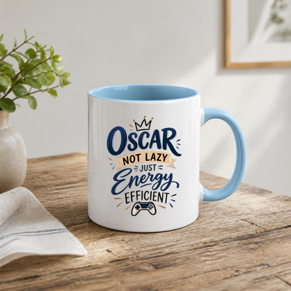 Personalized Name Mug "Oscar Not Lazy Just Energy Efficient" Oscar Not Lazy Just Energy Efficient 325ml Ceramic Coffee Mug – Custom Name Typography Slogan with Gold Crown & Video Game Controller Graphic | Funny Gift | Fast Dispatch by UK Seller (M3423)