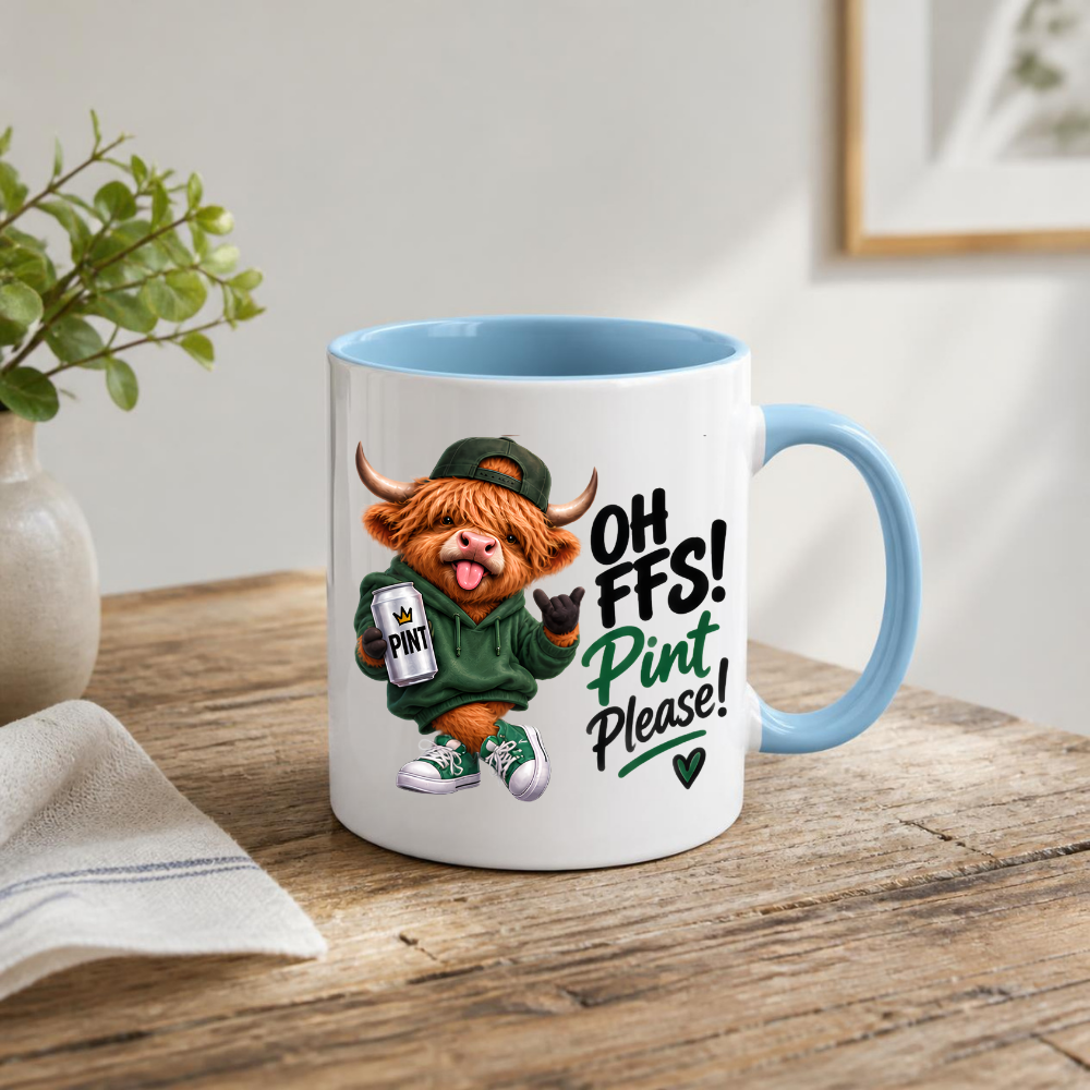 Highland Cow Pint Lover Mug "Oh FFS! Pint Please!" Oh FFS! Pint Please! 325ml Ceramic Coffee Mug – Cute Highland Cow in Green Hoodie & Cap Holding Pint Can with Rock On Sign | Funny Gift | Fast Dispatch by UK Seller (M3392)