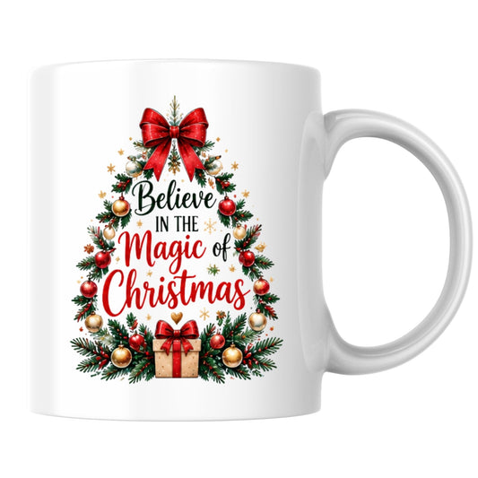 Enchanting Mug "Believe in the Magic of Christmas" Christmas Tree 325ml Ceramic Coffee Mug Festive Winter Holiday Tea Cup with Red Bow, Ornaments & Gift Box | Available in Multicolours | Fast Dispatch by UK Seller (M1265)