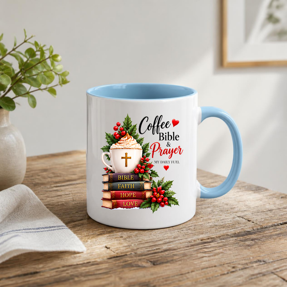 Religious Christmas Mug "Coffee Bible & Prayer" Coffee Bible & Prayer 325ml Ceramic Coffee Mug – Christian Holiday Mug with Stacked Books, Cross Cup & Holly Berries | Religious Gift | Fast Dispatch by UK Seller (M3358)