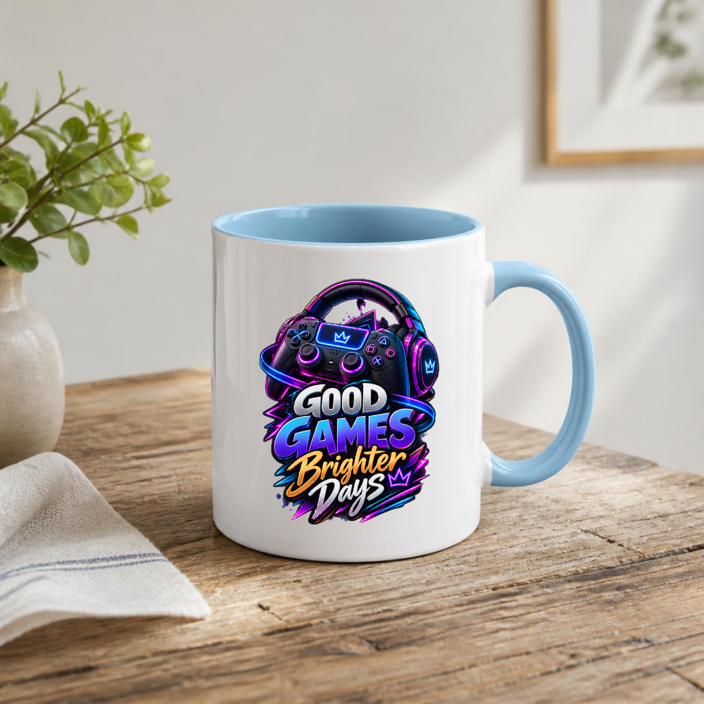 Gaming Mug "Good Games Brighter Days" Good Games Brighter Days 325ml Ceramic Coffee Mug – Neon Headset & Controller Mug with Blue, Purple & Gold Slogan Art | Video Game Gift | Fast Dispatch by UK Seller (M3350)