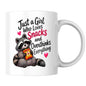 Humorous Mug "Just A Girl Who Loves Snacks And Overthinks Everything" Cute Raccoon 325ml Ceramic Coffee Mug Funny Overthinker Tea Cup with Crisps Bag & Pink Hearts Graphic Gift | Available in Multicolours | Fast Dispatch by UK Seller (M1317)