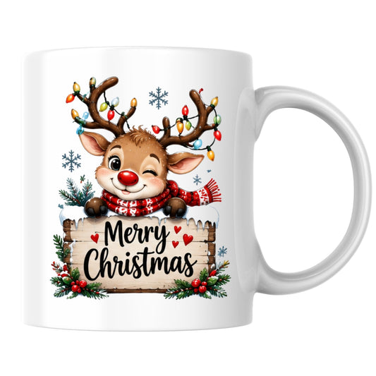 Festive Mug "Merry Christmas" Reindeer 325ml Ceramic Coffee Mug – Cute Winter Holiday Tea Cup with Fairy Lights Antlers & Scarf Gift | Available in Multicolours | Fast Dispatch by UK Seller (M1258)