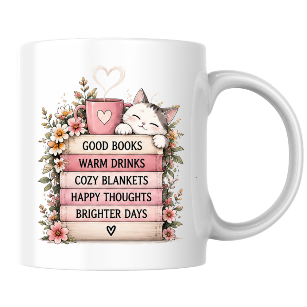 Cozy Reading Mug "Good Books Warm Drinks Cozy Blankets" Cute Cat & Book Stack 325ml Ceramic Coffee Mug – Bookworm and Cat Lover Tea Cup with Floral Frame Graphic Gift | Available in Multicolours | Fast Dispatch by UK Seller (M3031)