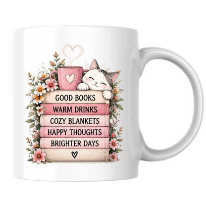 Cozy Reading Mug "Good Books Warm Drinks Cozy Blankets" Cute Cat & Book Stack 325ml Ceramic Coffee Mug – Bookworm and Cat Lover Tea Cup with Floral Frame Graphic Gift | Available in Multicolours | Fast Dispatch by UK Seller (M3031)
