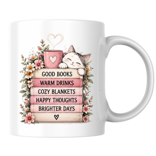 Cozy Reading Mug "Good Books Warm Drinks Cozy Blankets" Cute Cat & Book Stack 325ml Ceramic Coffee Mug – Bookworm and Cat Lover Tea Cup with Floral Frame Graphic Gift | Available in Multicolours | Fast Dispatch by UK Seller (M3031)