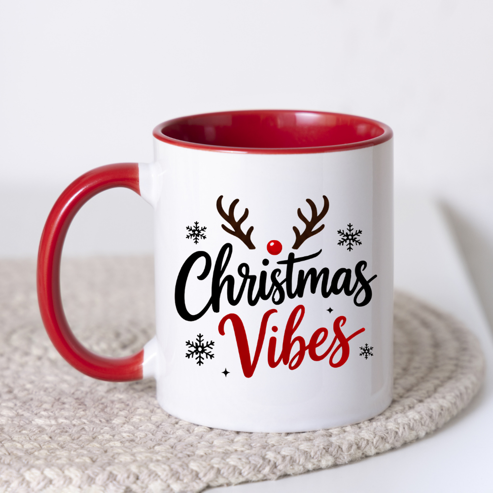 Christmas Reindeer Mug "Christmas Vibes" Christmas Vibes 325ml Ceramic Coffee Mug – Festive Typography Slogan with Brown Reindeer Antlers, Red Nose & Black Snowflakes | Winter Holiday Gift | Fast Dispatch by UK Seller (M3435)
