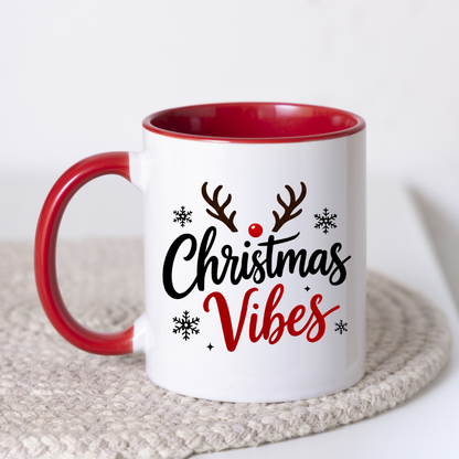 Christmas Reindeer Mug "Christmas Vibes" Christmas Vibes 325ml Ceramic Coffee Mug – Festive Typography Slogan with Brown Reindeer Antlers, Red Nose & Black Snowflakes | Winter Holiday Gift | Fast Dispatch by UK Seller (M3435)