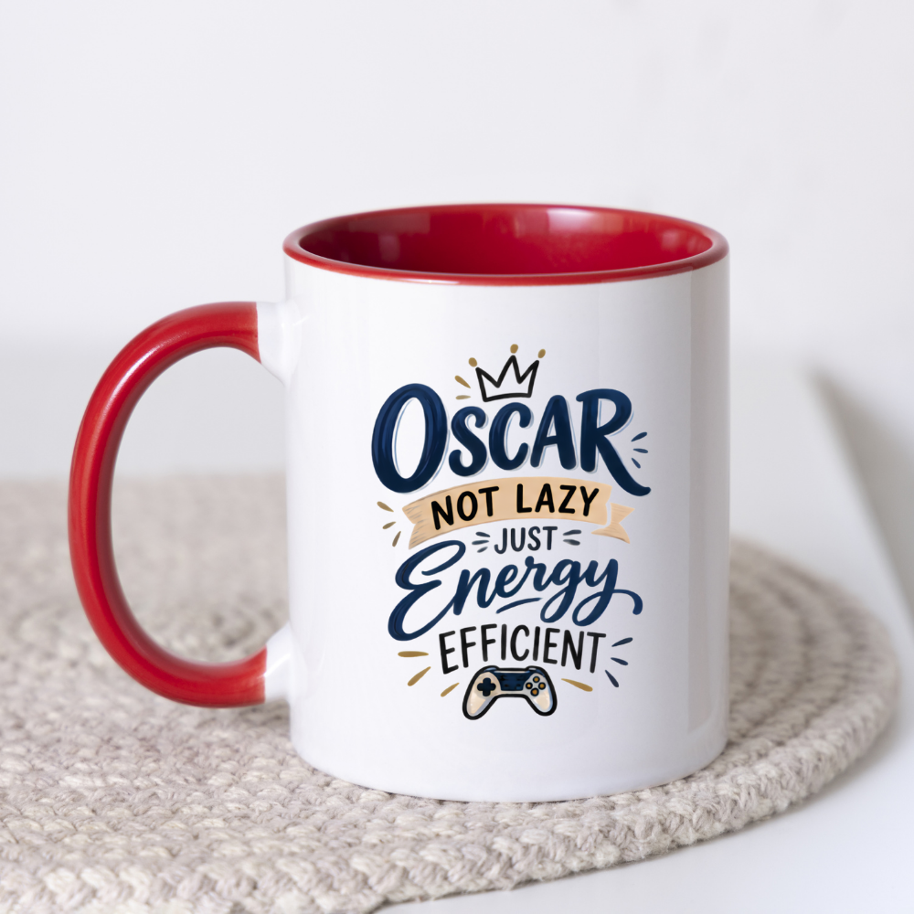 Personalized Name Mug "Oscar Not Lazy Just Energy Efficient" Oscar Not Lazy Just Energy Efficient 325ml Ceramic Coffee Mug – Custom Name Typography Slogan with Gold Crown & Video Game Controller Graphic | Funny Gift | Fast Dispatch by UK Seller (M3423)