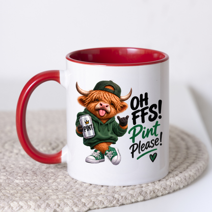 Highland Cow Pint Lover Mug "Oh FFS! Pint Please!" Oh FFS! Pint Please! 325ml Ceramic Coffee Mug – Cute Highland Cow in Green Hoodie & Cap Holding Pint Can with Rock On Sign | Funny Gift | Fast Dispatch by UK Seller (M3392)