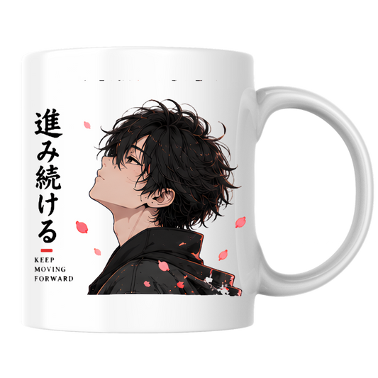 Inspirational Anime Boy Mug "KEEP MOVING Forward" Cherry Blossom Petals 325ml Ceramic Coffee Mug – Aesthetic Mindful Tea Cup with Japanese Kanji Graphic Gift | Available in Multicolours | Fast Dispatch by UK Seller (M3039)