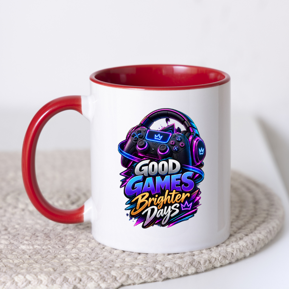 Gaming Mug "Good Games Brighter Days" Good Games Brighter Days 325ml Ceramic Coffee Mug – Neon Headset & Controller Mug with Blue, Purple & Gold Slogan Art | Video Game Gift | Fast Dispatch by UK Seller (M3350)
