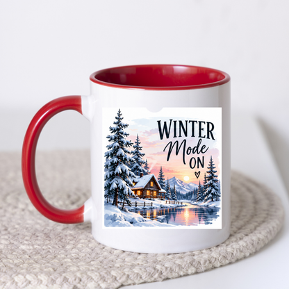 Winter Cabin Mug "Winter Mode On" Winter Mode On 325ml Ceramic Coffee Mug – Cozy Snowy Log Cabin with Winter Landscape, Sunset & River | Festive Holiday Gift | Fast Dispatch by UK Seller (M3402)