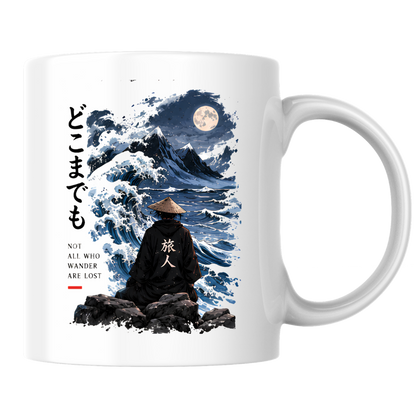 Inspirational Japanese Wanderer Mug "NOT ALL Who Wander Are Lost" Great Wave & Full Moon 325ml Ceramic Coffee Mug – Aesthetic Mindful Tea Cup With Japanese Kanji Graphic Gift | Available in Multicolours | Fast Dispatch by UK Seller (M3051)