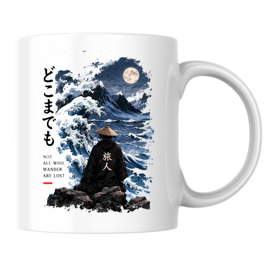 Inspirational Japanese Wanderer Mug "NOT ALL Who Wander Are Lost" Great Wave & Full Moon 325ml Ceramic Coffee Mug – Aesthetic Mindful Tea Cup With Japanese Kanji Graphic Gift | Available in Multicolours | Fast Dispatch by UK Seller (M3051)