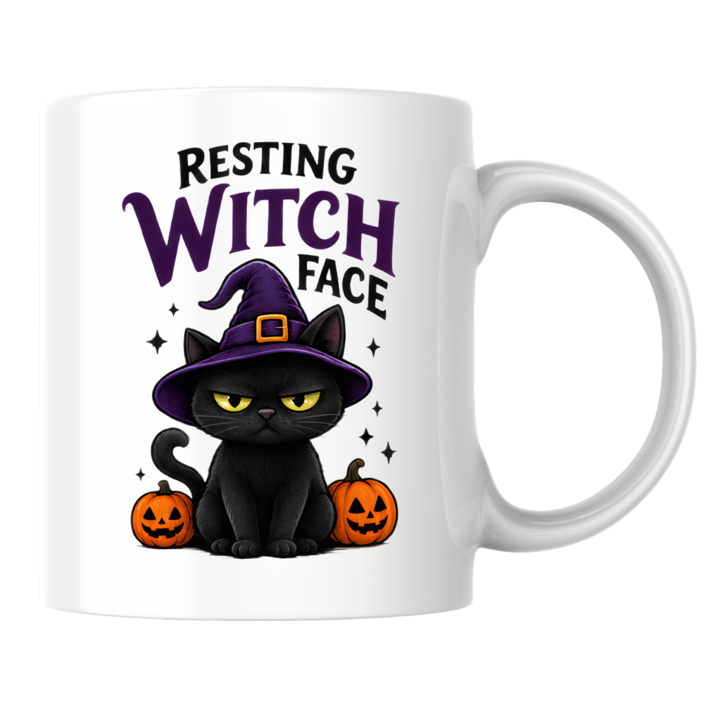Halloween Mug "RESTING WITCH Face" Grumpy Black Cat 325ml Ceramic Coffee Mug – Sassy Witch Hat Tea Cup with Pumpkin & Sparkles Graphic Gift | Available in Multicolours | Fast Dispatch by UK Seller (M3075)
