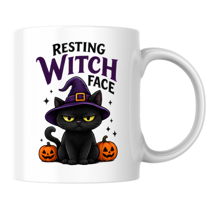 Halloween Mug "RESTING WITCH Face" Grumpy Black Cat 325ml Ceramic Coffee Mug – Sassy Witch Hat Tea Cup with Pumpkin & Sparkles Graphic Gift | Available in Multicolours | Fast Dispatch by UK Seller (M3075)