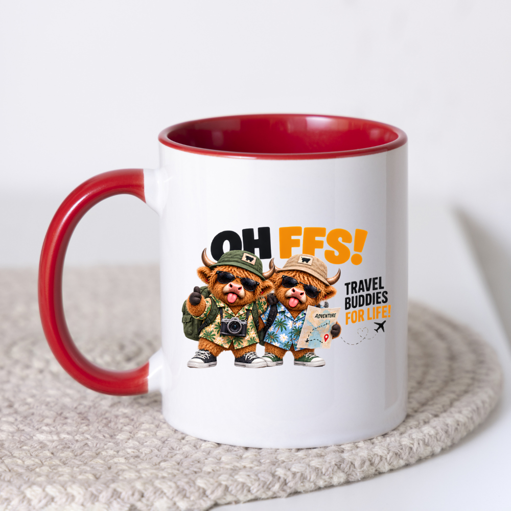 Travel Buddies Highland Cows Mug "Oh Ffs! Travel Buddies For Life!" Oh Ffs! Travel Buddies For Life! 325ml Ceramic Coffee Mug – Cute Highland Cows with Shirts, Backpacks, Camera & Adventure Map | Funny Travel Gift | Fast Dispatch by UK Seller (M3374)