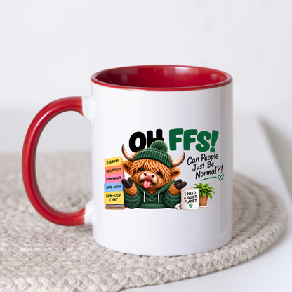 Highland Cow Normal Planet Mug "OH FFS! Can People Just Be Normal?!" Oh Ffs! Can People Just Be Normal?! 325ml Ceramic Mug–Cute Highland Cow in Hoodie & Beanie with Sticky Notes & "Quiet Planet" Mug | Funny Office Gift | Fast Dispatch by UK Seller (M3384)