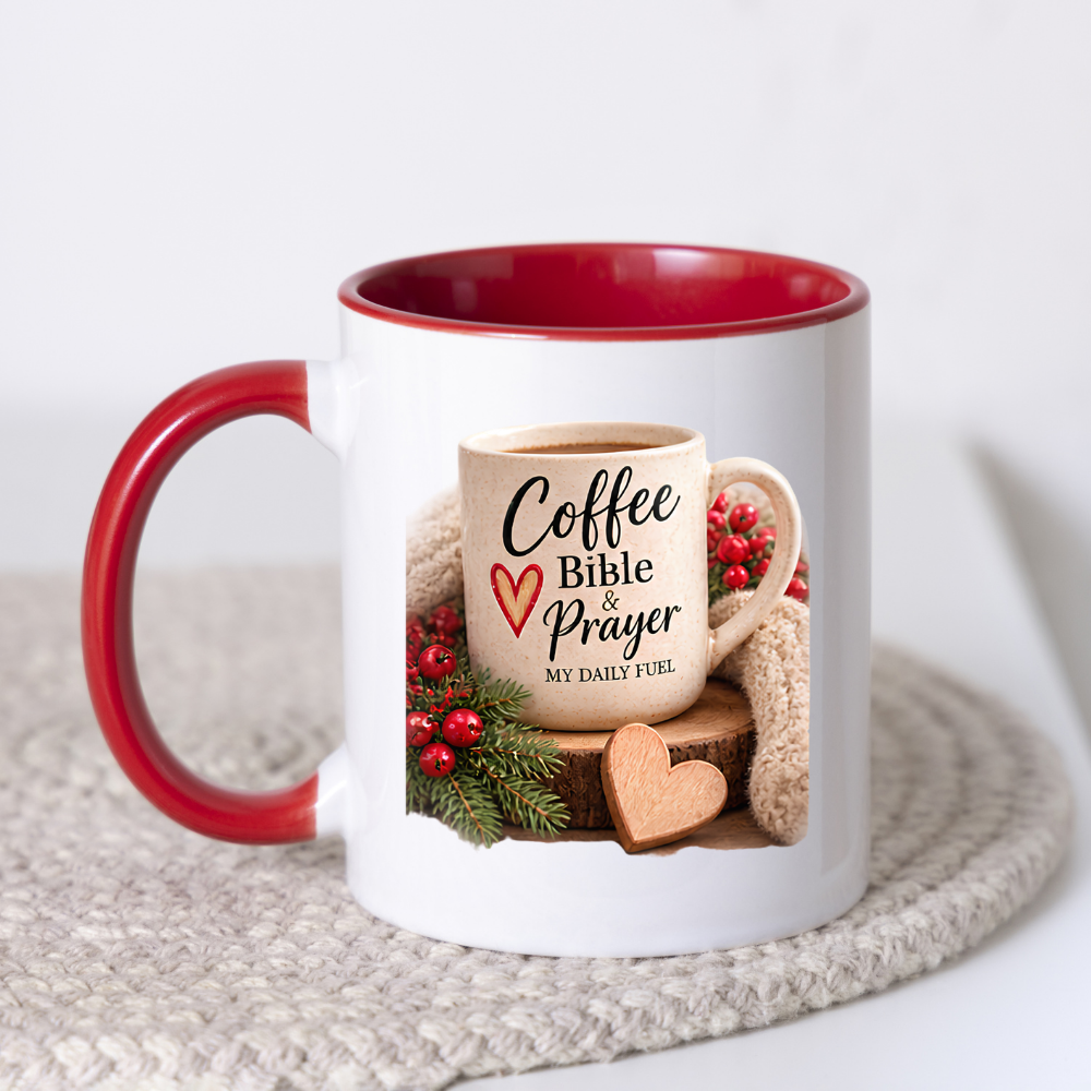 Christian Mug "Coffee Bible & Prayer My Daily Fuel" 325ml Ceramic Coffee Mug – Christian Devotional Mug With Wooden Heart Winter Pine Red Berries Inspirational Gift | Available in Multicolours | Fast Dispatch by UK Seller (M3304)