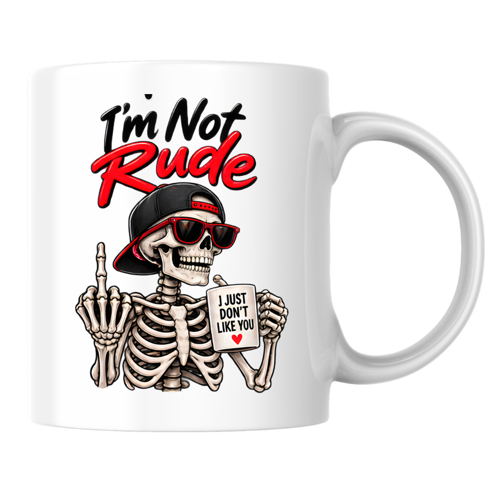 Sarcastic Mug "I'M NOT RUDE" Skeleton 325ml Ceramic Coffee Mug Novelty Skeleton Tea Cup with Sunglasses, Snapback Cap & "I JUST DON'T LIKE YOU" Mug Graphic Gift | Available in Multicolours | Fast Dispatch by UK Seller (M3091)