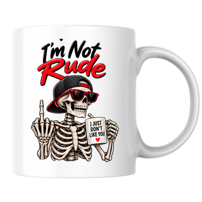 Sarcastic Mug "I'M NOT RUDE" Skeleton 325ml Ceramic Coffee Mug Novelty Skeleton Tea Cup with Sunglasses, Snapback Cap & "I JUST DON'T LIKE YOU" Mug Graphic Gift | Available in Multicolours | Fast Dispatch by UK Seller (M3091)