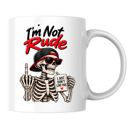 Sarcastic Mug "I'M NOT RUDE" Skeleton 325ml Ceramic Coffee Mug Novelty Skeleton Tea Cup with Sunglasses, Snapback Cap & "I JUST DON'T LIKE YOU" Mug Graphic Gift | Available in Multicolours | Fast Dispatch by UK Seller (M3091)