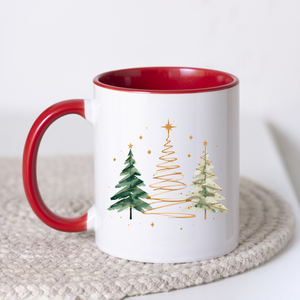 Watercolor Christmas Trees Mug "Minimalist Golden & Green Christmas Trees" Minimalist Golden & Green Christmas Trees 325ml Ceramic Coffee Mug–Watercolor Pine Trees with Gold Swirls & Star Toppers | Festive Holiday Gift | Fast Dispatch by UK Seller (M3413)