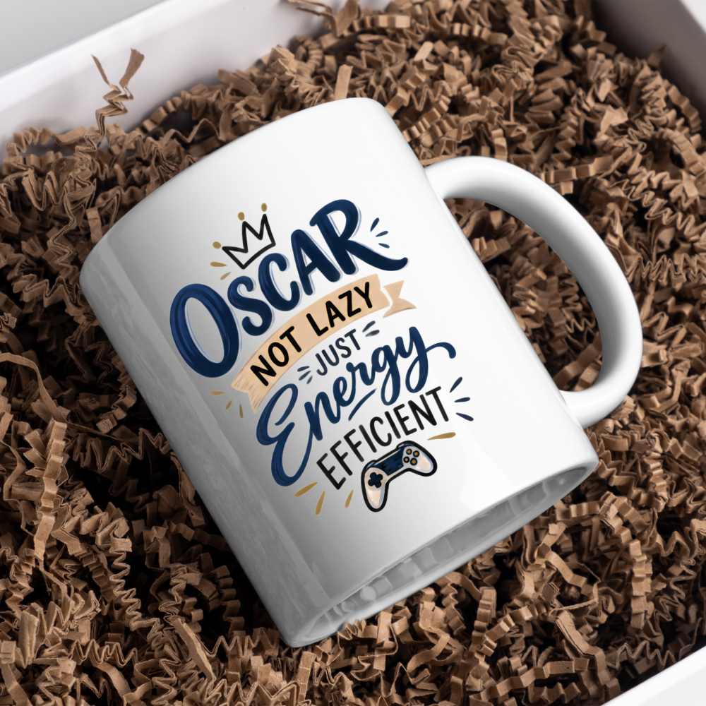 Personalized Name Mug "Oscar Not Lazy Just Energy Efficient" Oscar Not Lazy Just Energy Efficient 325ml Ceramic Coffee Mug – Custom Name Typography Slogan with Gold Crown & Video Game Controller Graphic | Funny Gift | Fast Dispatch by UK Seller (M3423)