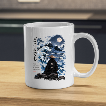 Inspirational Japanese Wanderer Mug "NOT ALL Who Wander Are Lost" Great Wave & Full Moon 325ml Ceramic Coffee Mug – Aesthetic Mindful Tea Cup With Japanese Kanji Graphic Gift | Available in Multicolours | Fast Dispatch by UK Seller (M3051)