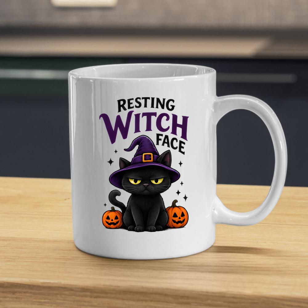 Halloween Mug "RESTING WITCH Face" Grumpy Black Cat 325ml Ceramic Coffee Mug – Sassy Witch Hat Tea Cup with Pumpkin & Sparkles Graphic Gift | Available in Multicolours | Fast Dispatch by UK Seller (M3075)