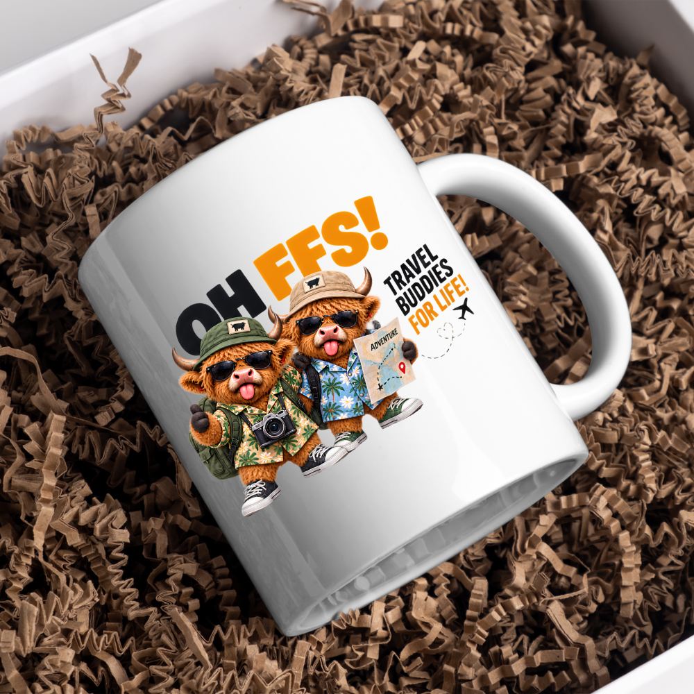 Travel Buddies Highland Cows Mug "Oh Ffs! Travel Buddies For Life!" Oh Ffs! Travel Buddies For Life! 325ml Ceramic Coffee Mug – Cute Highland Cows with Shirts, Backpacks, Camera & Adventure Map | Funny Travel Gift | Fast Dispatch by UK Seller (M3374)