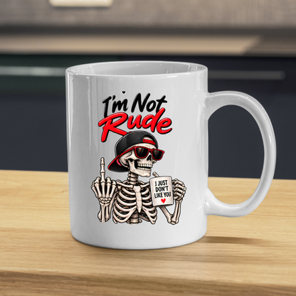 Sarcastic Mug "I'M NOT RUDE" Skeleton 325ml Ceramic Coffee Mug Novelty Skeleton Tea Cup with Sunglasses, Snapback Cap & "I JUST DON'T LIKE YOU" Mug Graphic Gift | Available in Multicolours | Fast Dispatch by UK Seller (M3091)