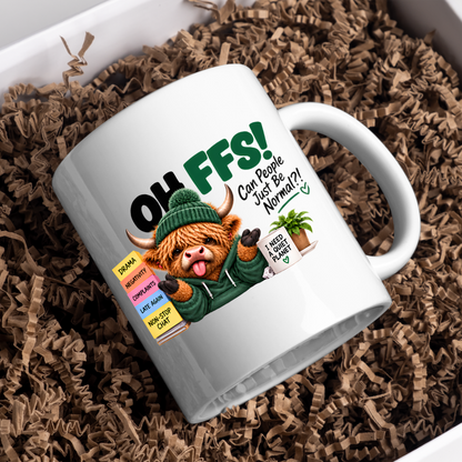 Highland Cow Normal Planet Mug "OH FFS! Can People Just Be Normal?!" Oh Ffs! Can People Just Be Normal?! 325ml Ceramic Mug–Cute Highland Cow in Hoodie & Beanie with Sticky Notes & "Quiet Planet" Mug | Funny Office Gift | Fast Dispatch by UK Seller (M3384)