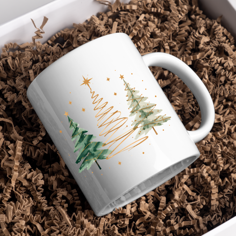 Watercolor Christmas Trees Mug "Minimalist Golden & Green Christmas Trees" Minimalist Golden & Green Christmas Trees 325ml Ceramic Coffee Mug–Watercolor Pine Trees with Gold Swirls & Star Toppers | Festive Holiday Gift | Fast Dispatch by UK Seller (M3413)