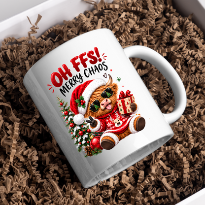 Christmas Highland Cow Mug "Oh FFS! Merry Chaos" Oh FFS! Merry Chaos 325ml Ceramic Coffee Mug – Cute Highland Cow with Santa Hat, Sunglasses, Christmas Sweater & Gift Box | Funny Holiday Gift | Fast Dispatch by UK Seller (M3366)