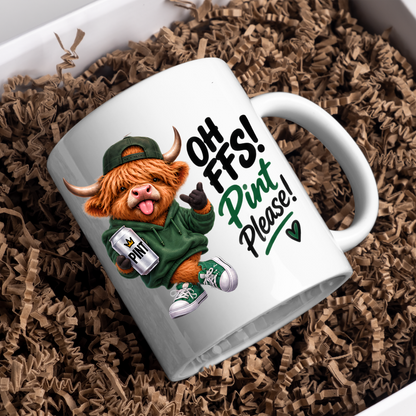 Highland Cow Pint Lover Mug "Oh FFS! Pint Please!" Oh FFS! Pint Please! 325ml Ceramic Coffee Mug – Cute Highland Cow in Green Hoodie & Cap Holding Pint Can with Rock On Sign | Funny Gift | Fast Dispatch by UK Seller (M3392)