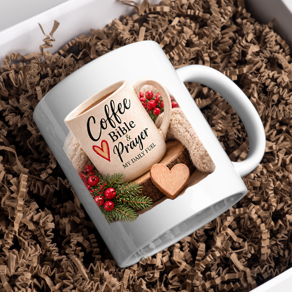 Christian Mug "Coffee Bible & Prayer My Daily Fuel" 325ml Ceramic Coffee Mug – Christian Devotional Mug With Wooden Heart Winter Pine Red Berries Inspirational Gift | Available in Multicolours | Fast Dispatch by UK Seller (M3304)