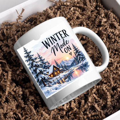Winter Cabin Mug "Winter Mode On" Winter Mode On 325ml Ceramic Coffee Mug – Cozy Snowy Log Cabin with Winter Landscape, Sunset & River | Festive Holiday Gift | Fast Dispatch by UK Seller (M3402)