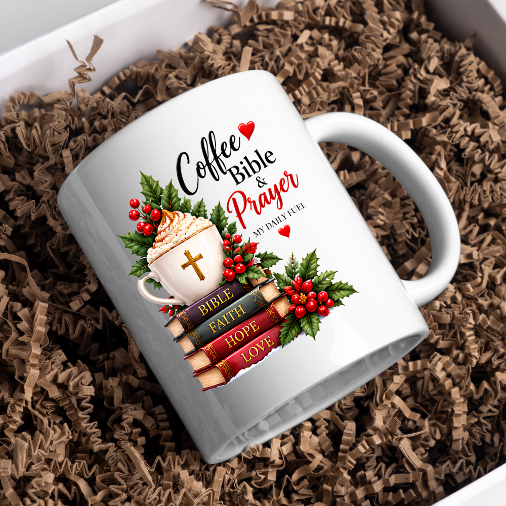 Religious Christmas Mug "Coffee Bible & Prayer" Coffee Bible & Prayer 325ml Ceramic Coffee Mug – Christian Holiday Mug with Stacked Books, Cross Cup & Holly Berries | Religious Gift | Fast Dispatch by UK Seller (M3358)