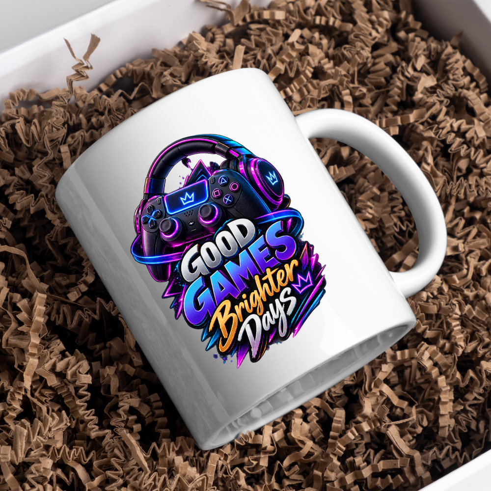 Gaming Mug "Good Games Brighter Days" Good Games Brighter Days 325ml Ceramic Coffee Mug – Neon Headset & Controller Mug with Blue, Purple & Gold Slogan Art | Video Game Gift | Fast Dispatch by UK Seller (M3350)