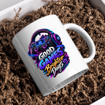 Gaming Mug "Good Games Brighter Days" Good Games Brighter Days 325ml Ceramic Coffee Mug – Neon Headset & Controller Mug with Blue, Purple & Gold Slogan Art | Video Game Gift | Fast Dispatch by UK Seller (M3350)