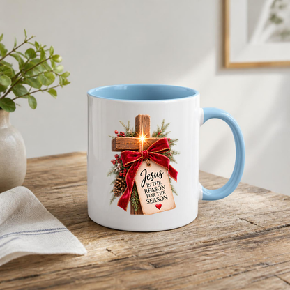 Christmas Mug "Jesus Is The Reason For The Season Wooden Cross" 325ml Ceramic Coffee Mug – Rustic Wooden Cross With Velvet Bow Pine Red Berries Christian Holiday Gift | Available in Multicolours | Fast Dispatch by UK Seller (M3297)