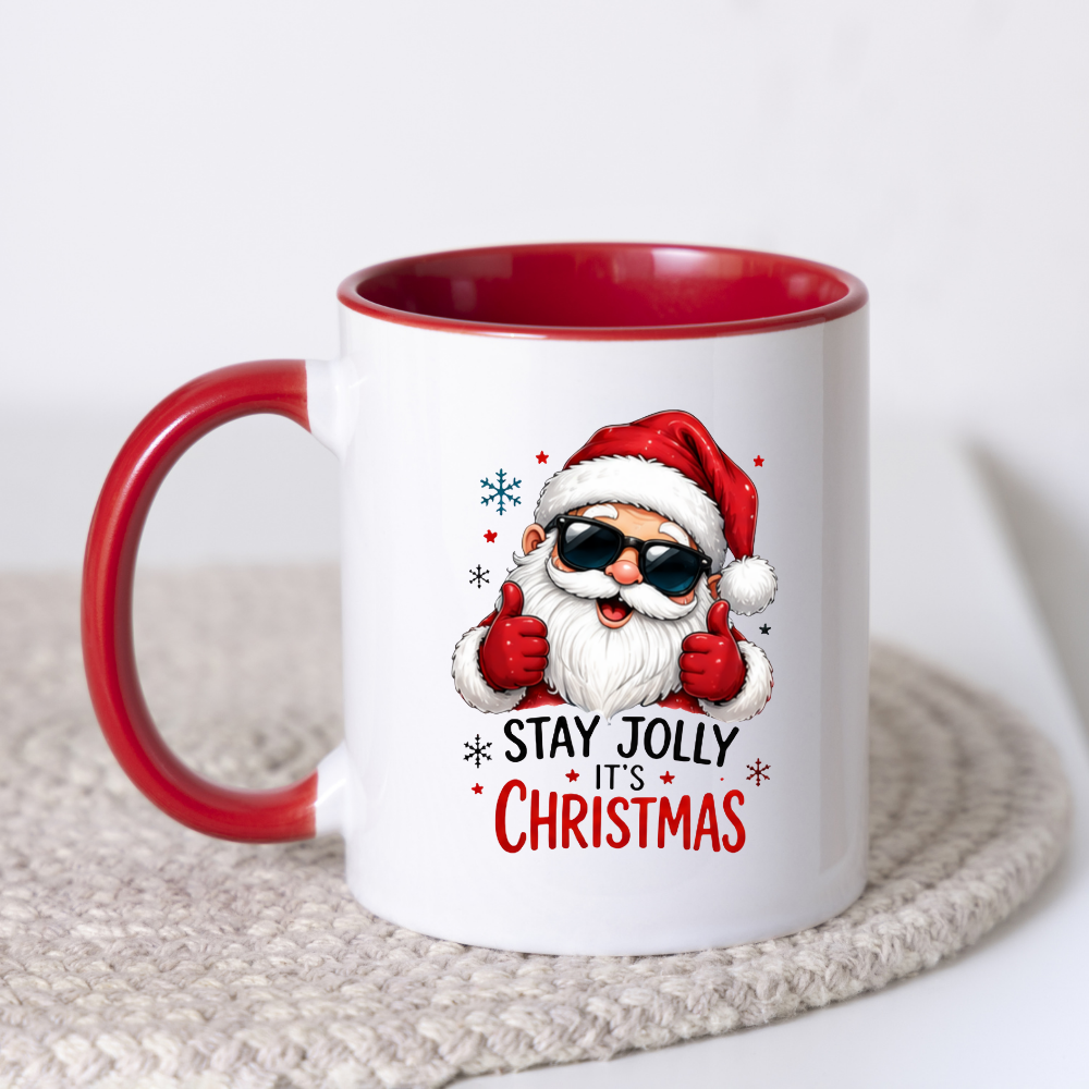 Cool Mug "Stay Jolly It's Christmas" Santa Ceramic Coffee Mug – Funny Holiday Tea Cup with Sunglasses & Thumbs Up Gift 350ml | Available in Multicolours | Fast Dispatch by UK Seller (M1235)