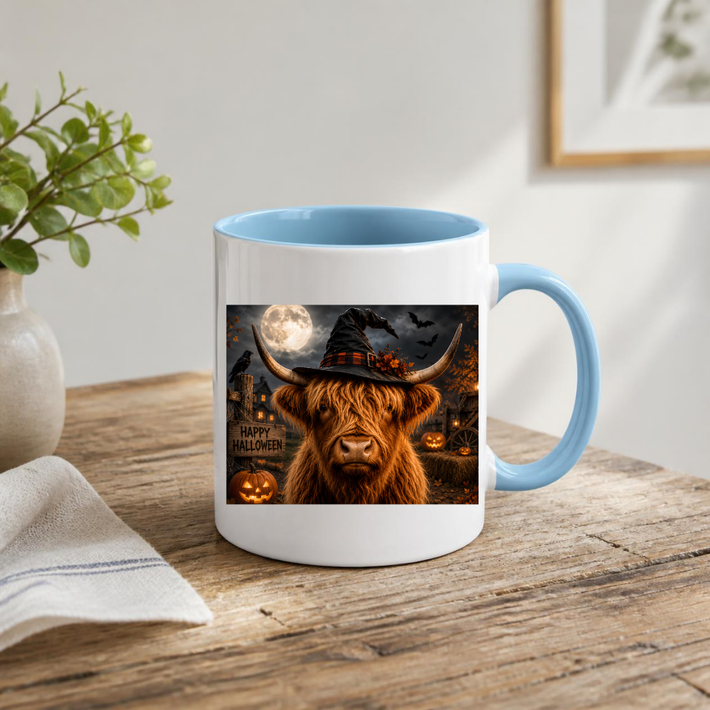 Spooky Mug "Spooky Witch Highland Cow" Witchy Highland Cow 325ml Ceramic Coffee Mug Gothic Halloween Tea Cup with Witch Hat and Full Moon Graphic Gift | Available in Multicolours | Fast Dispatch by UK Seller (M3158)